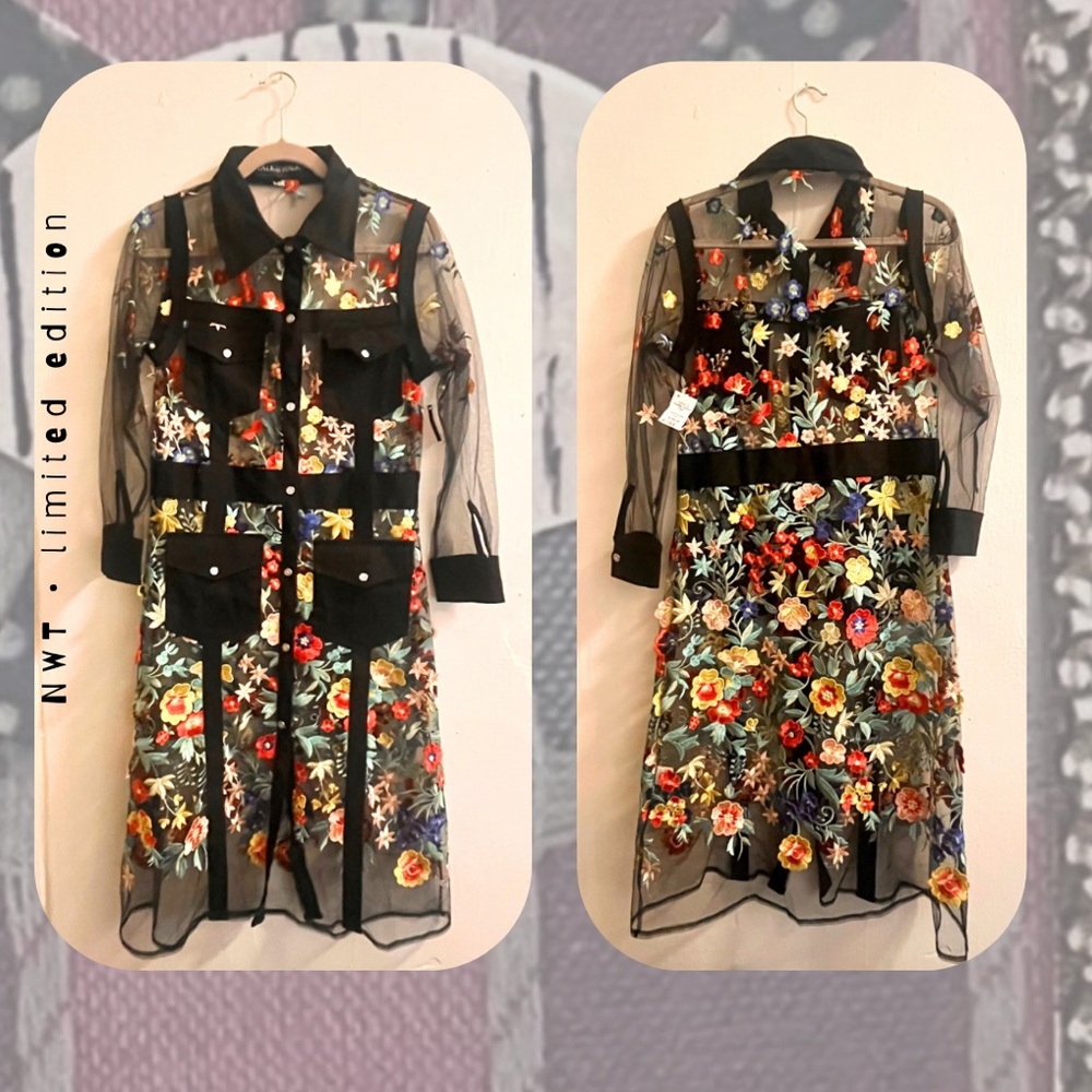 🆕 🎉 long black button up collar floral embroidered sheer mesh duster